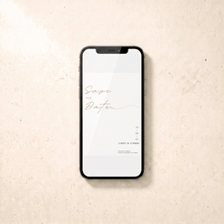 A smartphone centered on a light beige stone surface, displaying a minimalist 'Save the Date' invitation design with elegant cursive text and small event details.