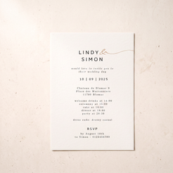 A minimalist wedding invitation card with elegant typography and a delicate gold line accent, displayed flat against a textured beige background.
