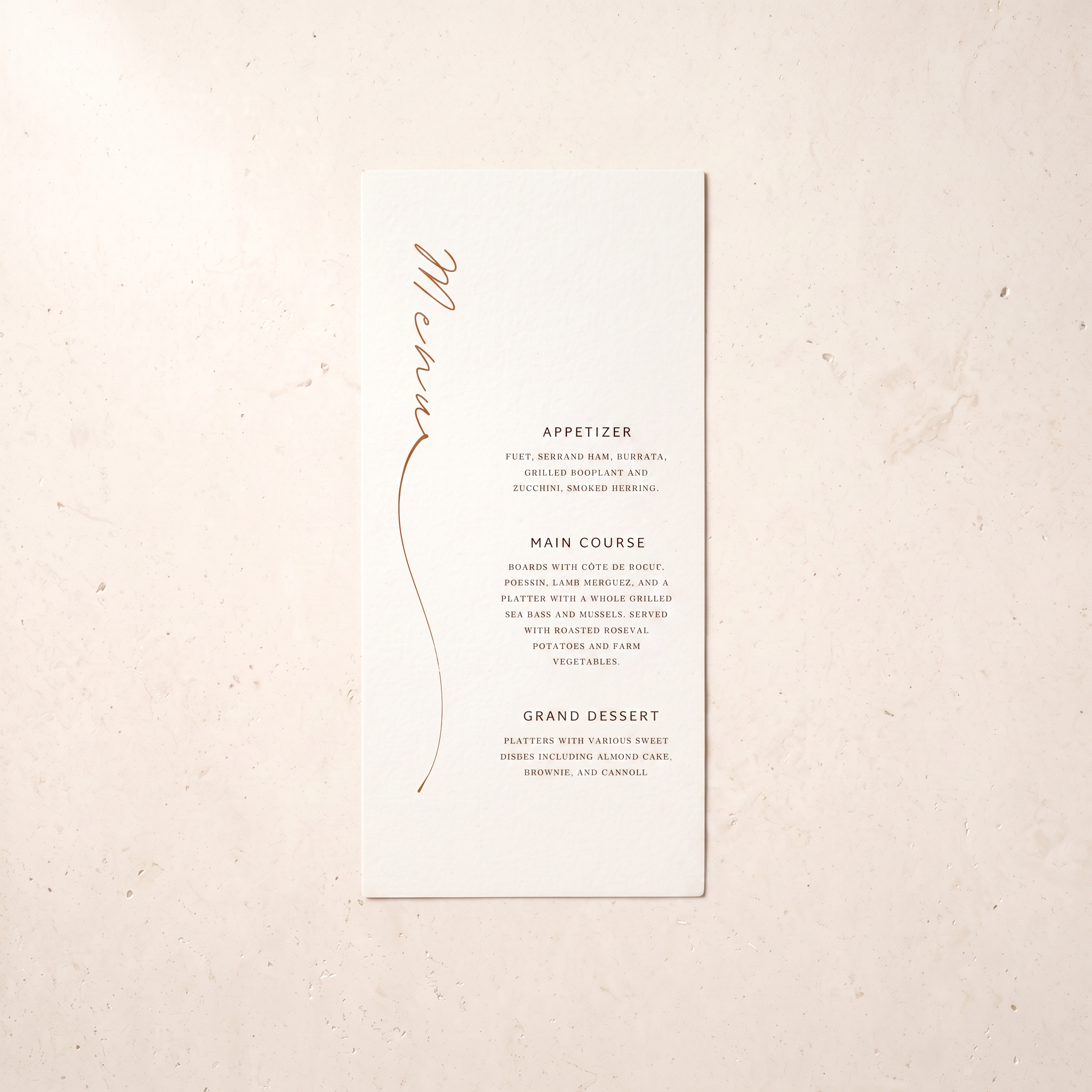 A tall, narrow white wedding menu card with elegant rose gold foil script reading 'Michelle' and black printed event details, displayed flat on a textured beige surface.