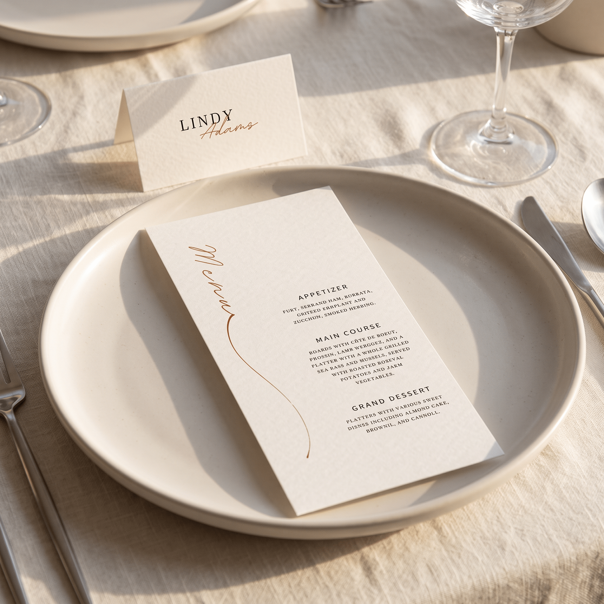 A minimalist wedding place card and matching name card styled on a beige ceramic plate with a linen tablecloth, silver flatware, and wine glasses.