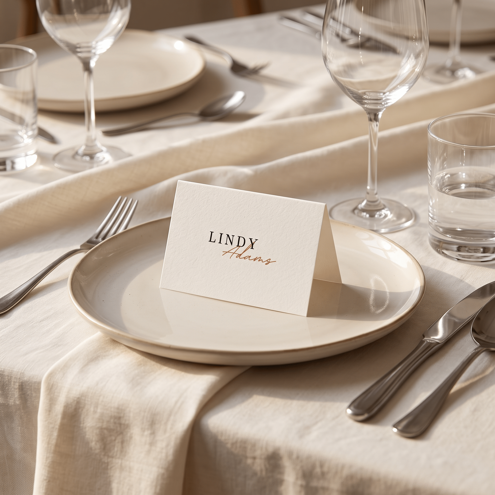 A cream-colored paper place card with the name 'LINDY Adams' printed on it, standing on a matching cream plate at a elegantly set dining table with silver cutlery, wine glasses, and water glasses.