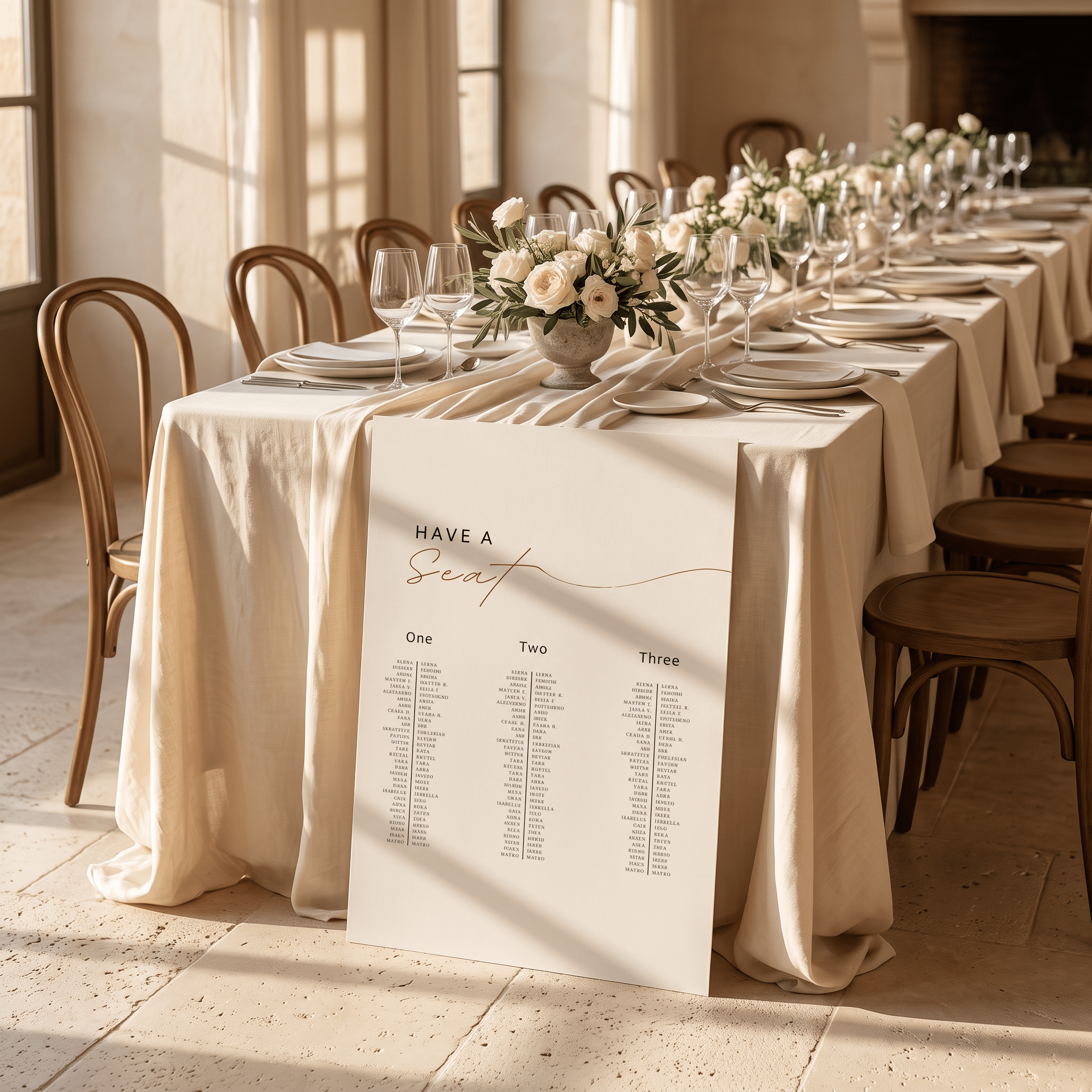 A long elegantly set wedding table in a sunlit dining room, with cream tablecloths, floral centerpieces, wooden chairs, and a large printed seating chart in the foreground reading 'HAVE A Seat'.