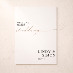 A minimalist wedding welcome card with black serif text reading 'WELCOME TO OUR' and 'LINDY & SIMON' with the date below, accented by a rose-gold script 'Wedding' across the center, shown on a light beige textured background.