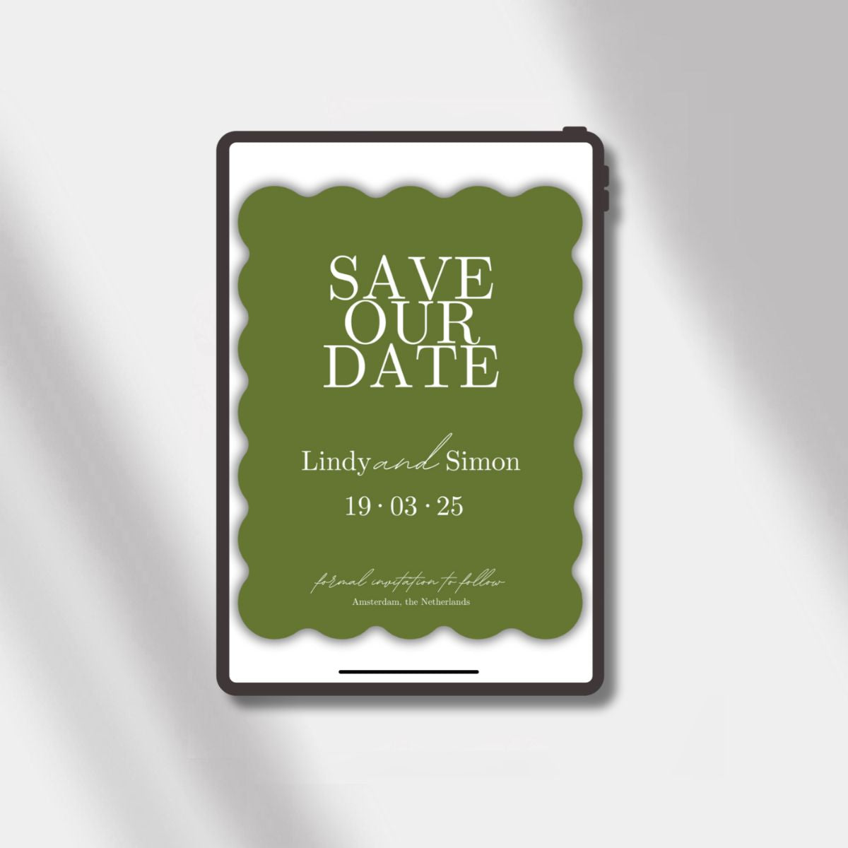 wedding esave the date olive green scalloped elegance
