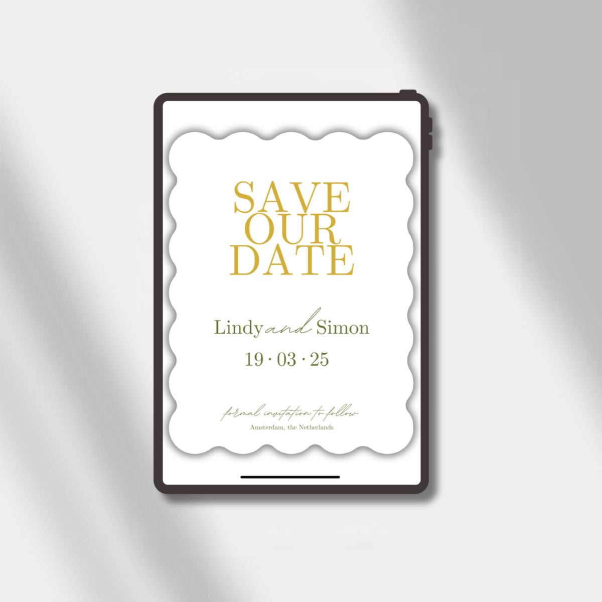 wedding esave the date white/gold scalloped elegance