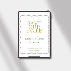wedding esave the date white/gold scalloped elegance