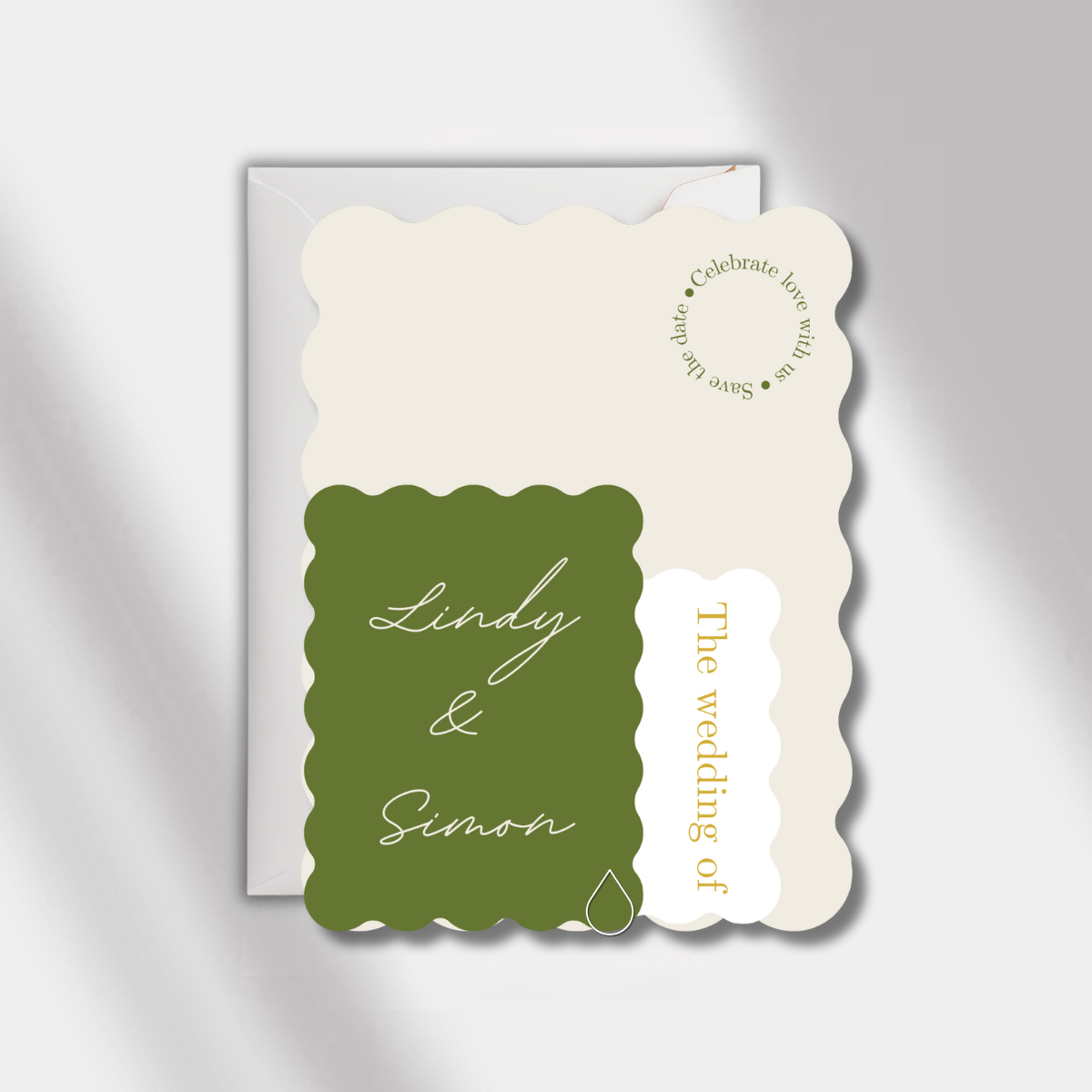 wedding invitation olive green scalloped elegance