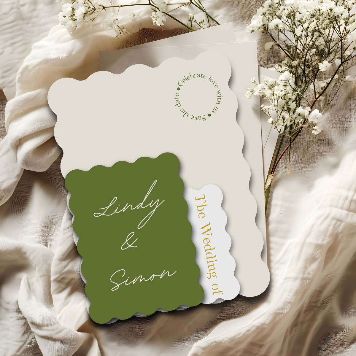 wedding invitation olive green scalloped elegance design