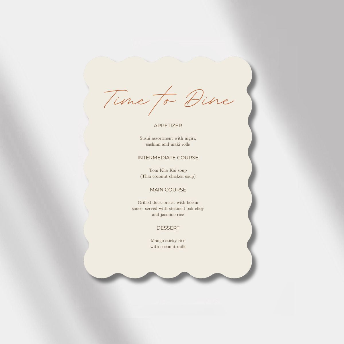 wedding menu beige/terracotta scalloped elegance