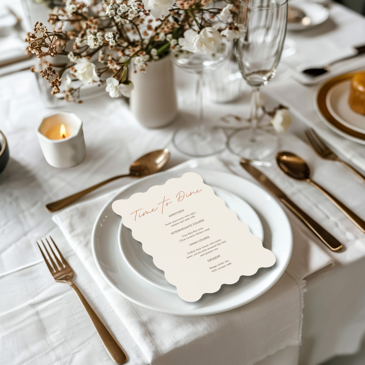 wedding menu beige/terracotta scalloped elegance design