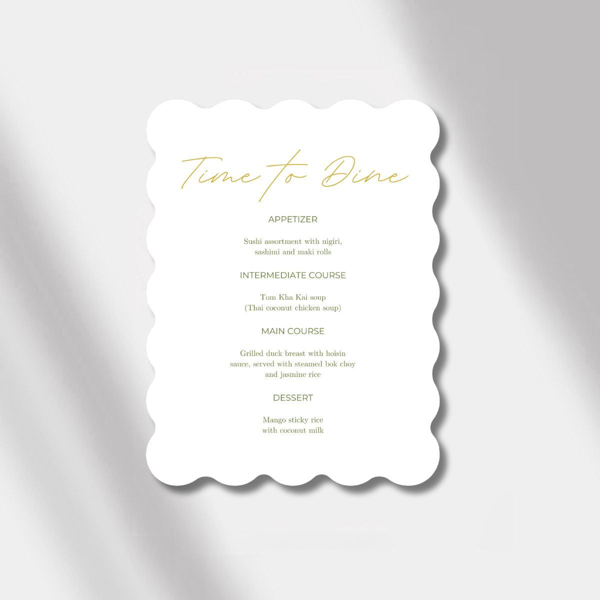 wedding menu gold/olive green scalloped elegance
