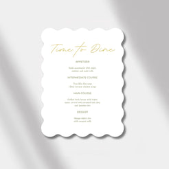 wedding menu gold/olive green scalloped elegance
