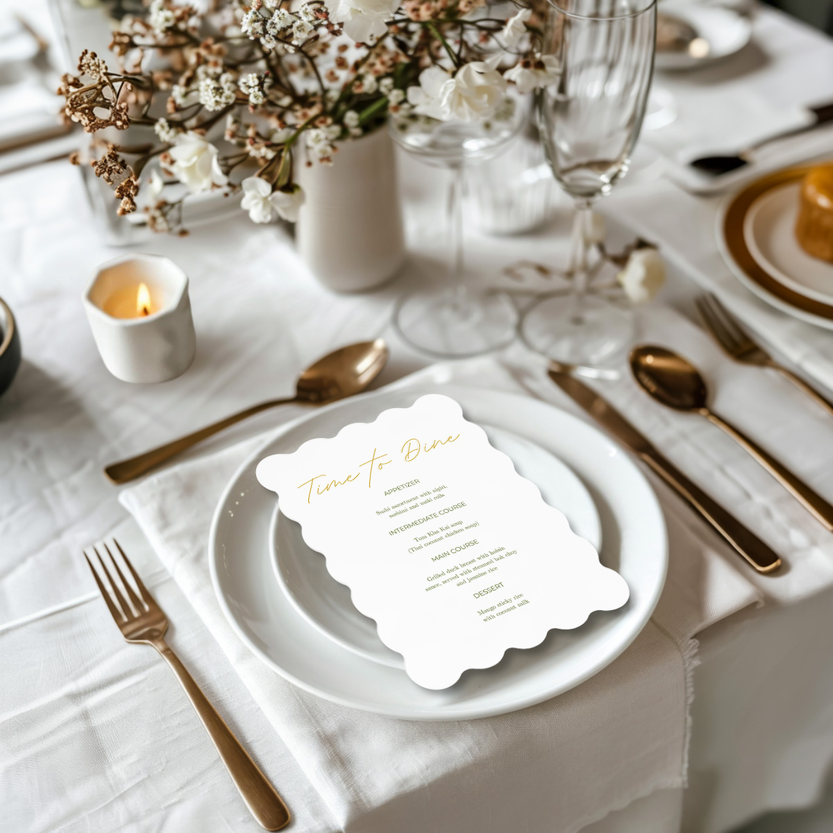 wedding menu gold/olive green scalloped elegance design