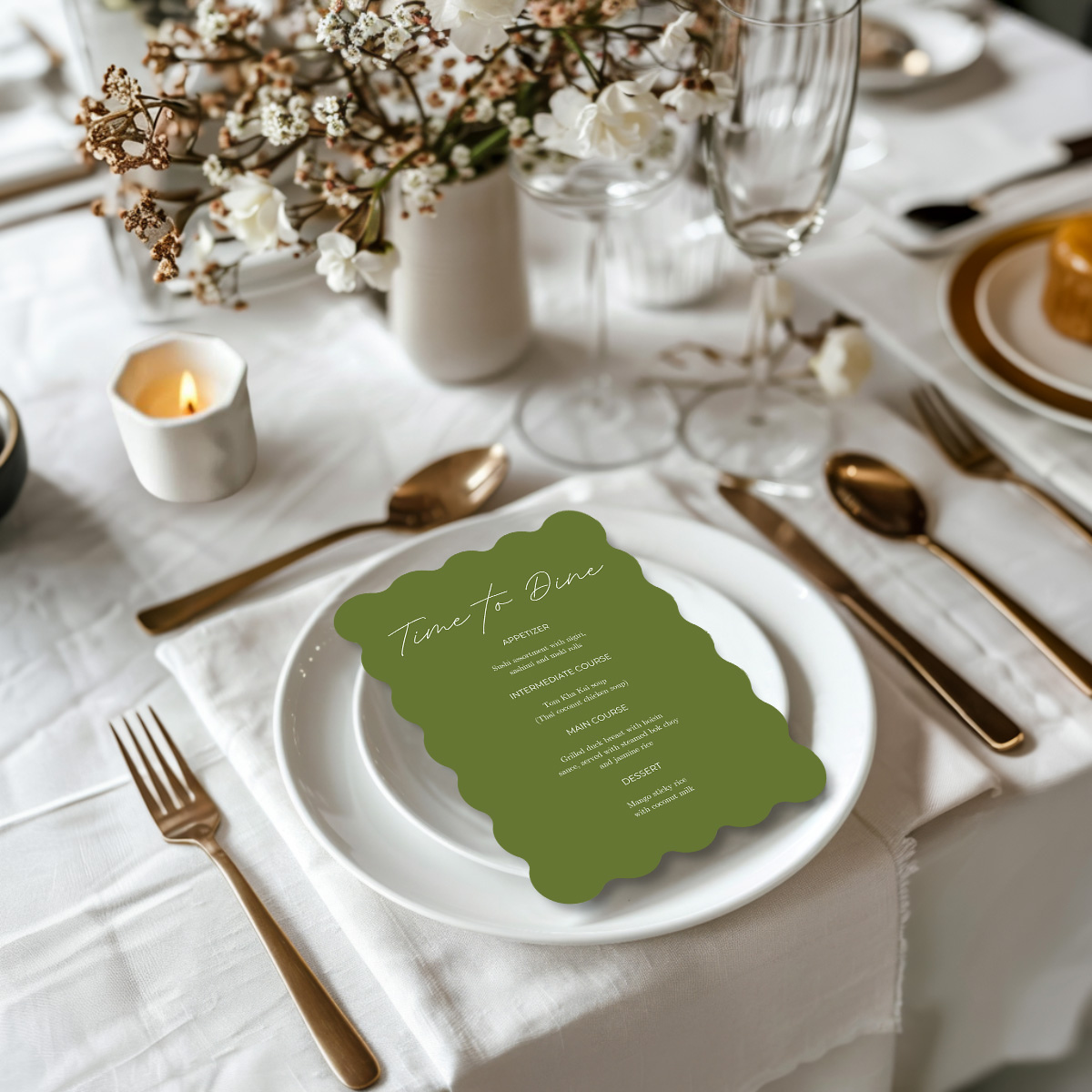 wedding menu olive green scalloped elegance design