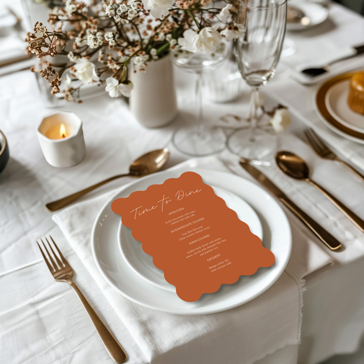 wedding menu terracotta scalloped elegance design