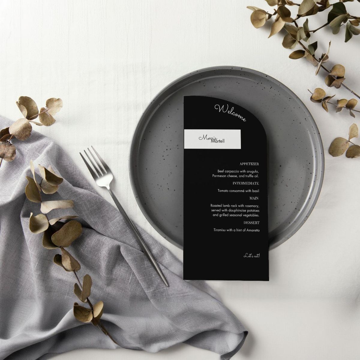 wedding name tag/menu luminous noir black design
