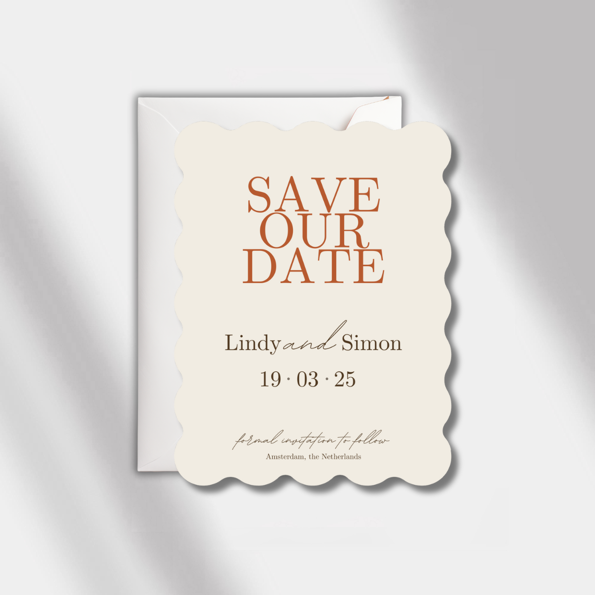 wedding save the date card scalloped elegance beige