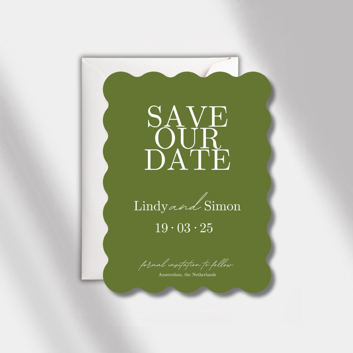 wedding save the date card scalloped elegance olive green