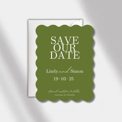 wedding save the date card scalloped elegance olive green