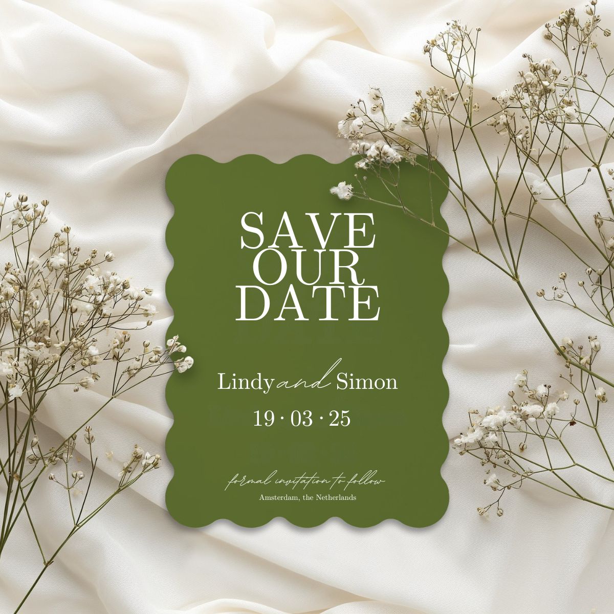wedding save the date card scalloped elegance olive green design