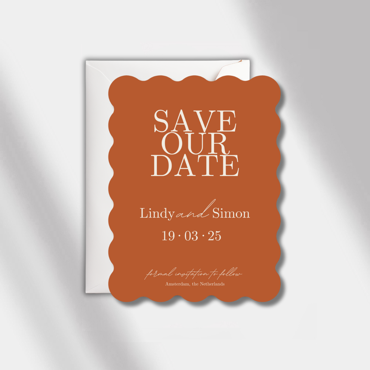 wedding save the date card scalloped elegance terracotta/beige