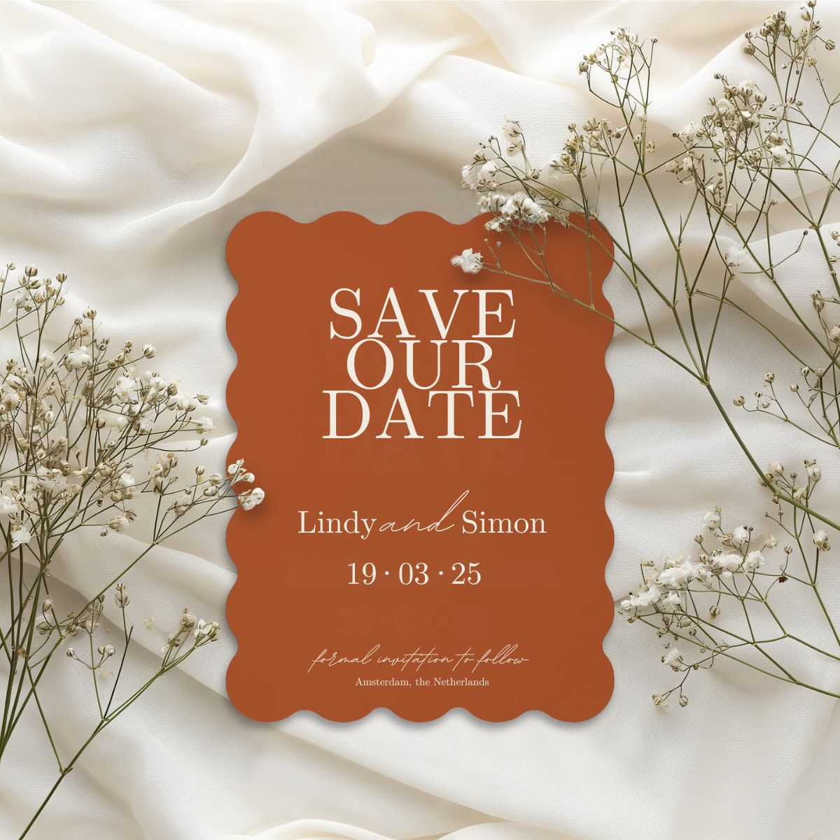 wedding save the date card scalloped elegance terracotta/beige design