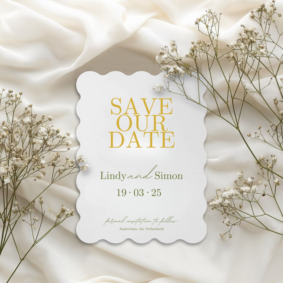 wedding save the date card scalloped elegance white/gold design