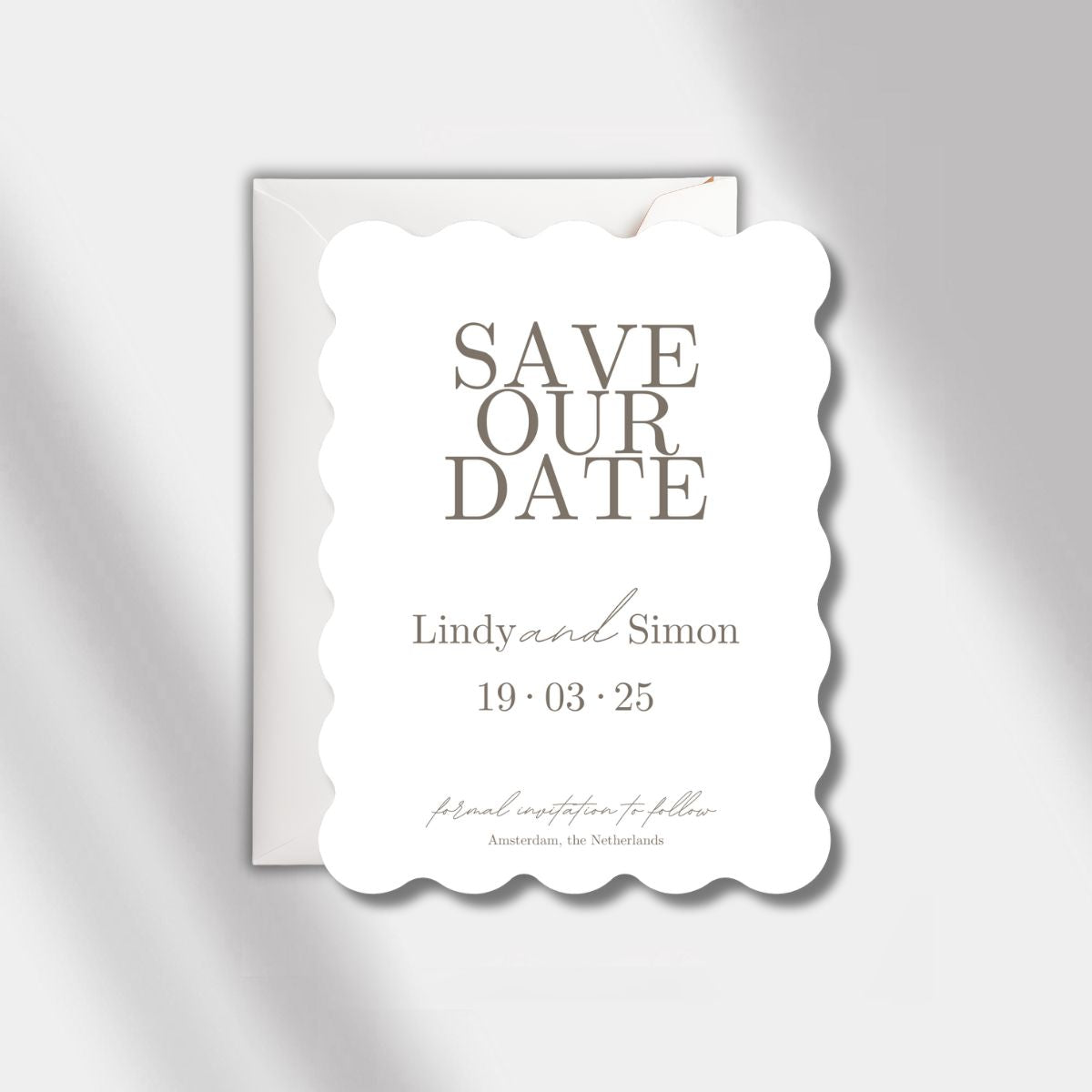 wedding save the date white scalloped elegance