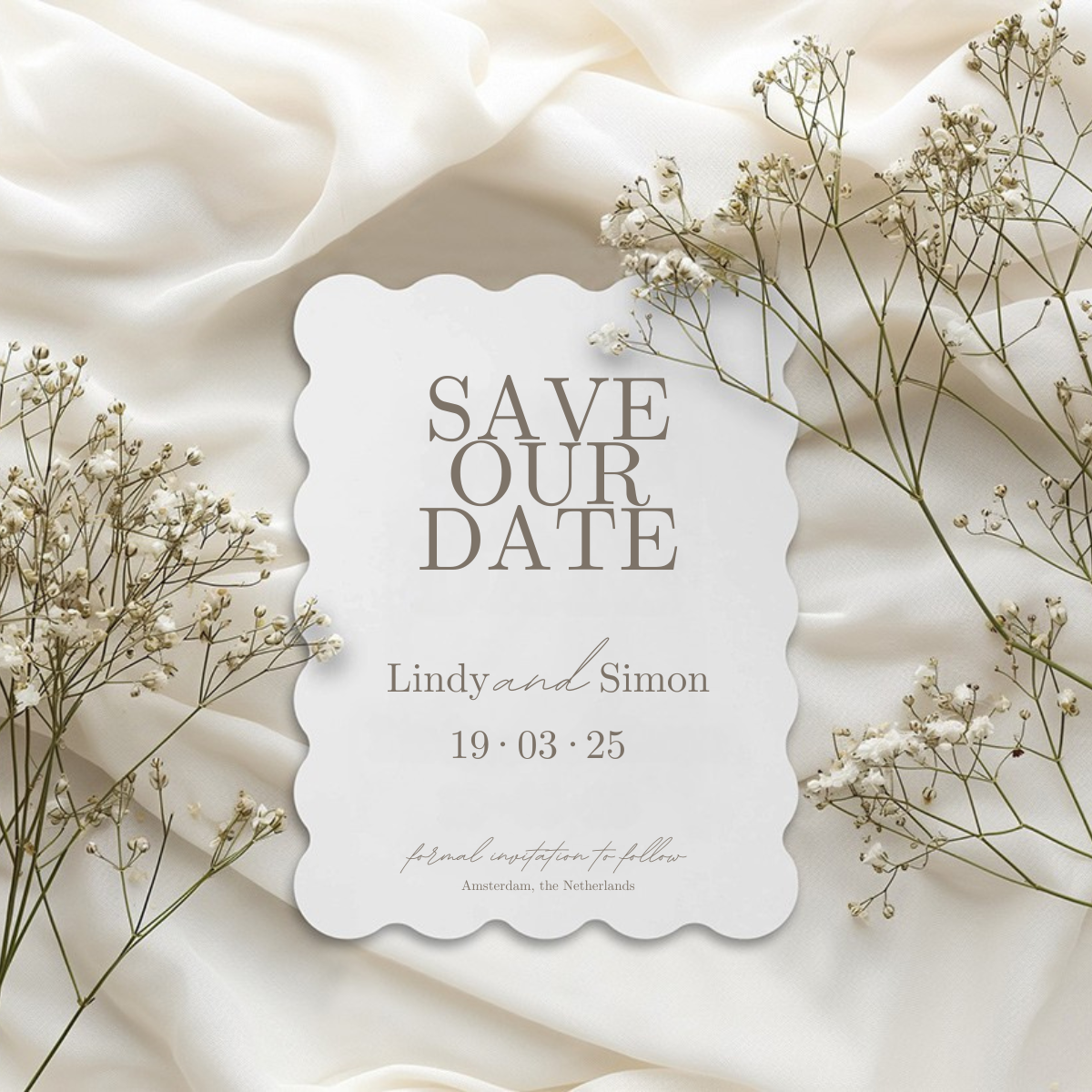 wedding save the date white scalloped elegance design
