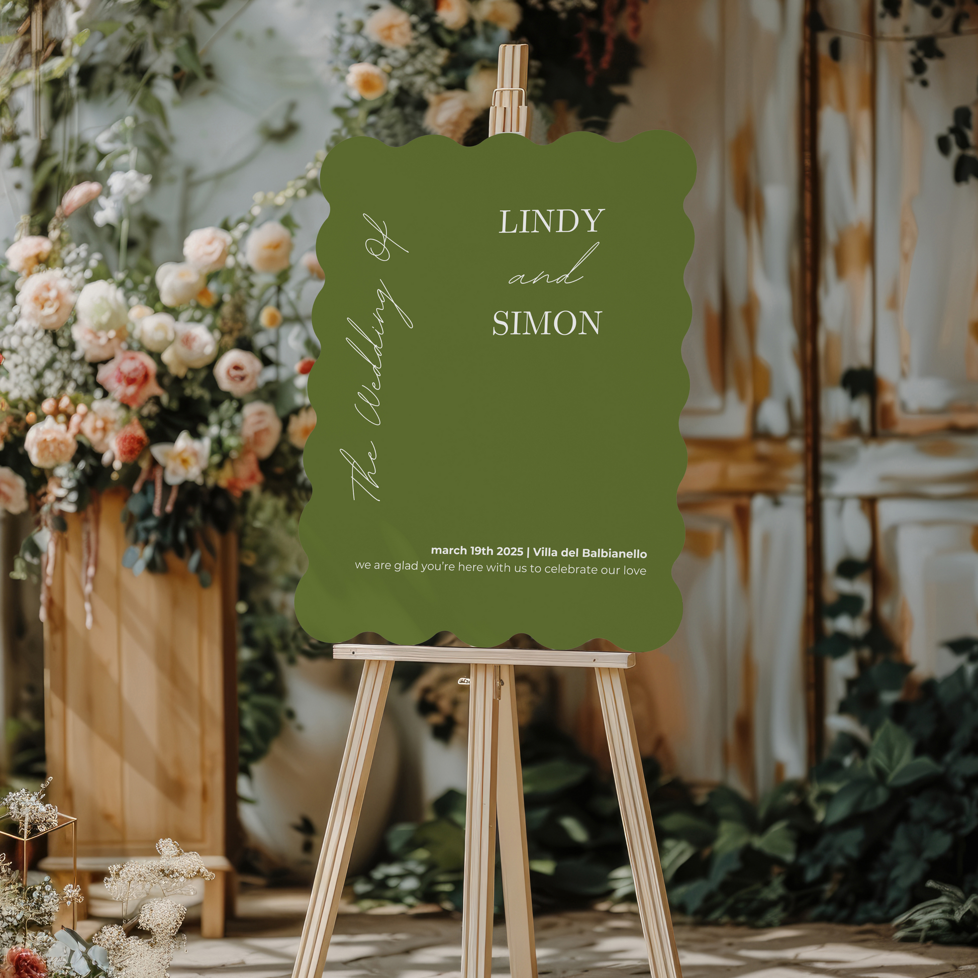 welcome sign olive green scalloped elegance design