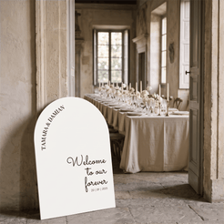 A white arched welcome sign with black script text reading 'Welcome to our forever' and names/date printed on it, leaning against a stone wall in a real indoor event space with a long table set in the background.